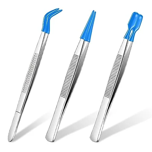 3 Piece Rubber Tipped Tweezers, Blue