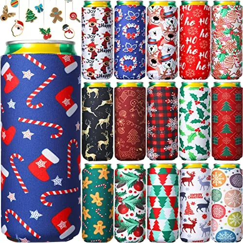 16 Piece Christmas Can Coolers Slim Insulated Beer Sleeves