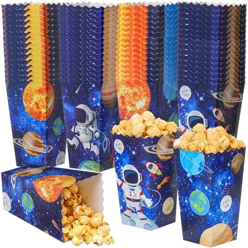 48 Piece Folding Outer Space Popcorn Boxes 6 x 2.4 Inches Planet Galaxy