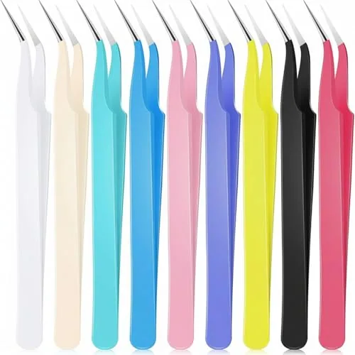9 Piece Curved Pointed Craft Tweezers Precision Tweezer, Multicolour