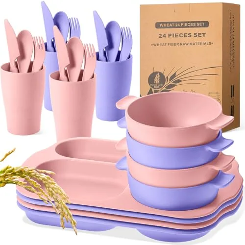 24 Piece Wheat Straw Dinnerware Cutlery Set, Purple