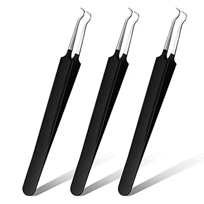3 Piece Blackhead Tweezers Stainless Steel Tip Tool, Black, beauty tools