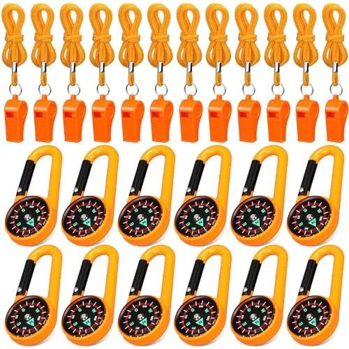 24 Piece Magnetic Emergency Whistle and Compass Kit, Orange