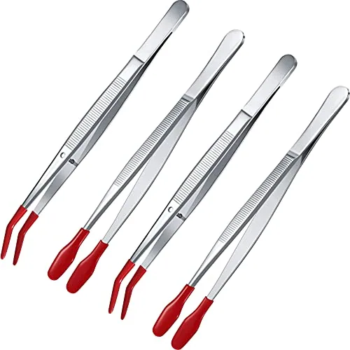 4-Piece Rubber-Tipped Tweezer Set (Flat & Bent Tips, Red