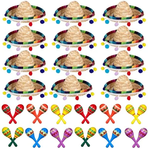 12 Piece Wooden Fiesta Maracas 6 Cinco De Mayo Mini Sombrero Top