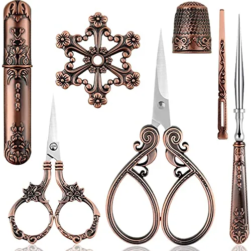 7 Piece Vintage Sewing Kit Embroidery Scissors Set, Red