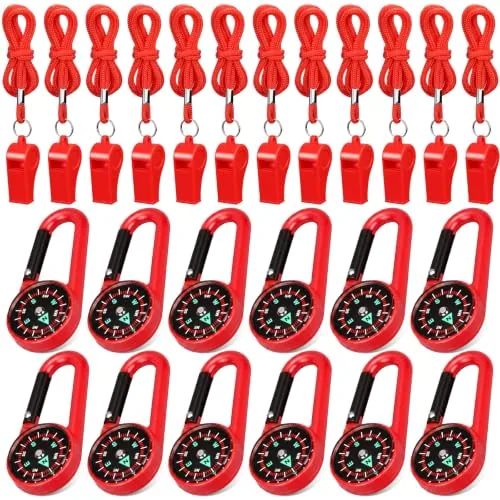 24 Piece Magnetic Emergency Whistle and Compass Kit, Red